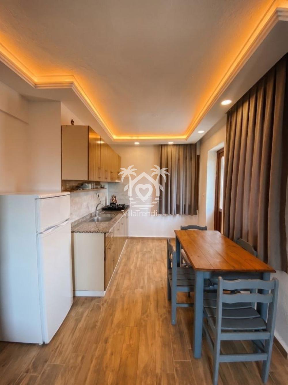 Fethiye kiralık apart tam donanımlı Amerikan mutfak ve yemek masası alanı.
