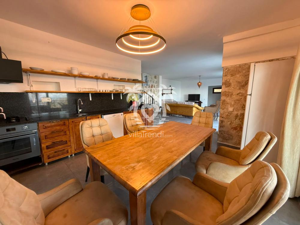 Villa Aslan Çırağan tam donanımlı modern Amerikan mutfak ve yemek alanı.