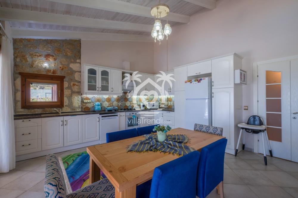 Villa Dr 1 modern Amerikan mutfak ve ferah dekorasyonlu deniz manzaralı salon detayları.