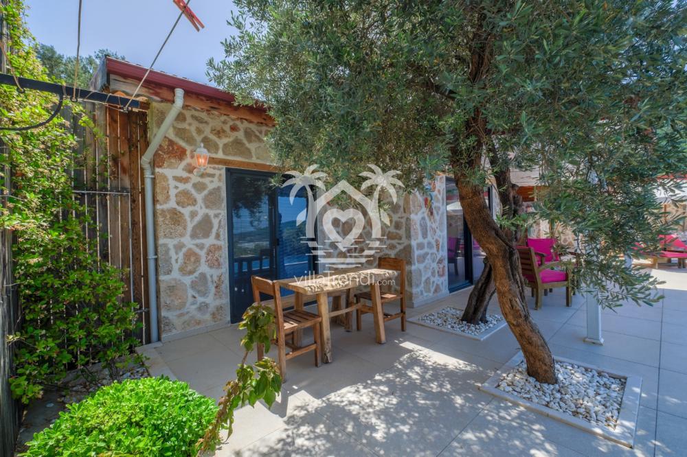 Doğayla iç içe konumuyla dikkat çeken Villa Dr 2'nin taş mimari detayları ve giriş alanı.