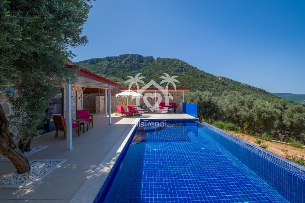 Muhafazakar balayı tatili için tamamen korunaklı, deniz manzaralı özel havuz keyfi.