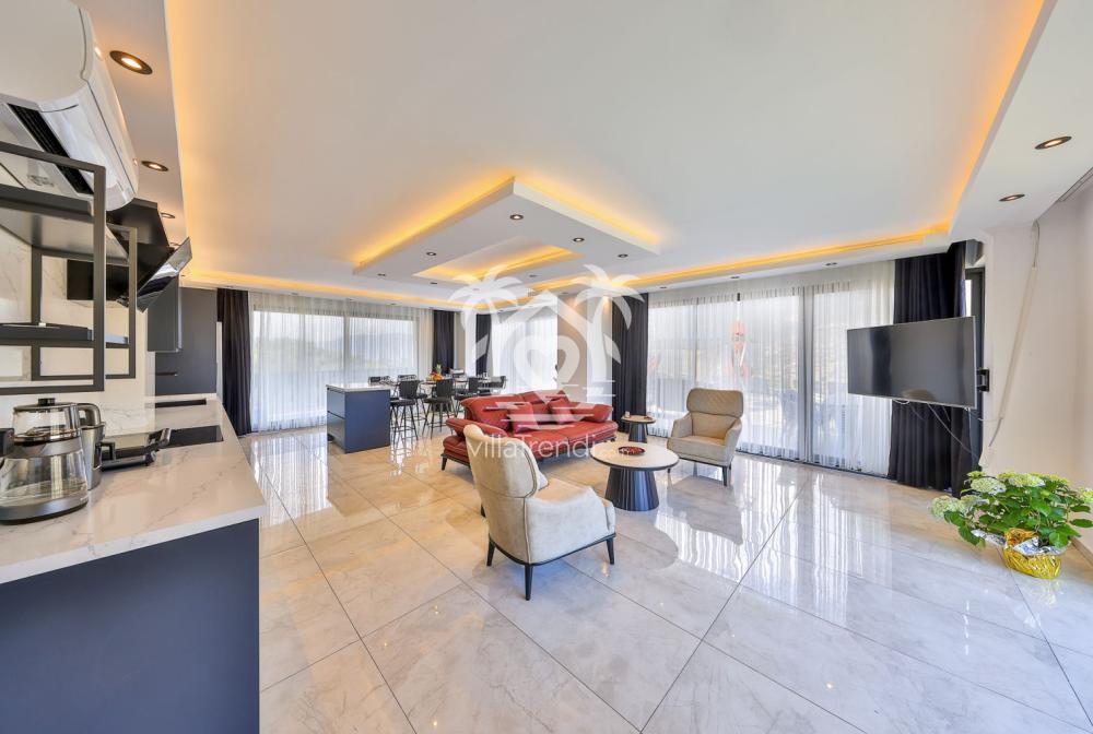 Kalkan deniz manzaralı villa konforlu oturma grubu ve salon