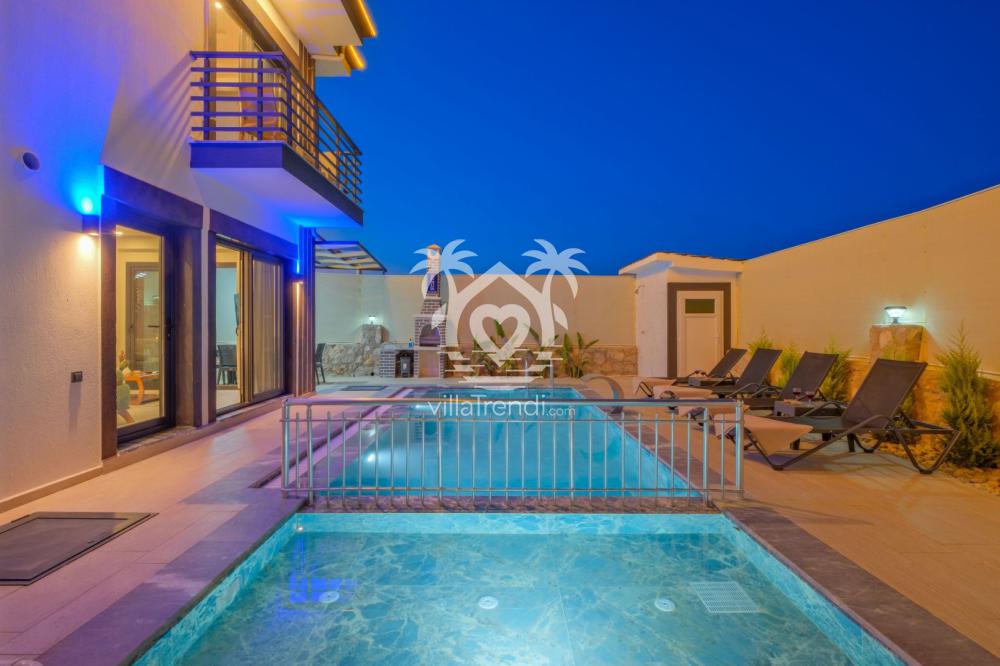 Villa Zeus 1'in tamamen korunaklı, çocuk havuzlu ve güneşlenme teraslı özel yüzme havuzu.