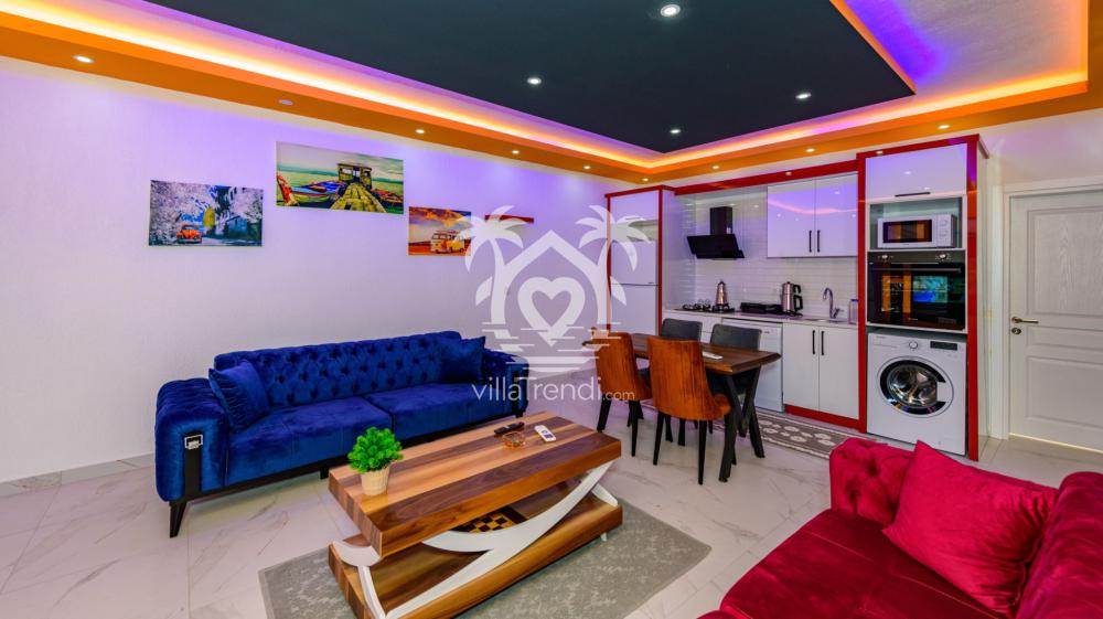 Kalkan kiralık balayı evi modern salon ve ferah oturma alanı tasarımı