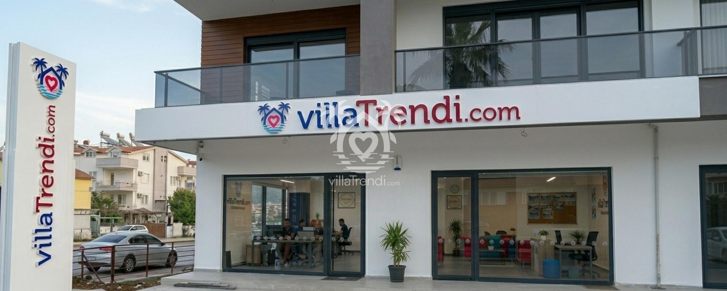 Villa Trendi Fethiye operasyon merkezi dış cephe görünümü, kurumsal tabela ve TÜRSAB 17020 yetkili seyahat acentası ofisi.
