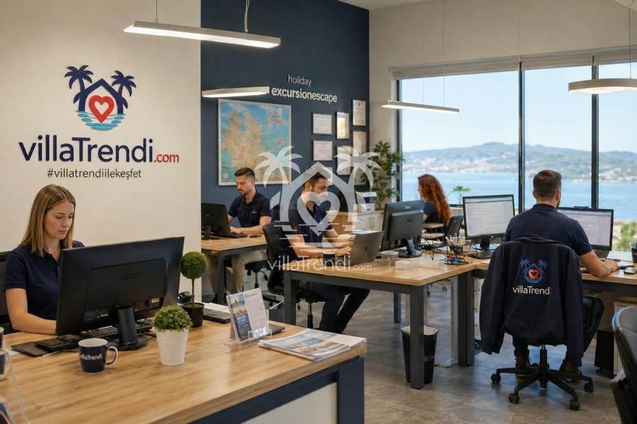 Villa Trendi modern ofis ortamı; duvarda Villa Trendi logosu ve sloganı, kurumsal tişörtlü profesyonel ekip ve Fethiye körfezi manzaralı çalışma alanı.