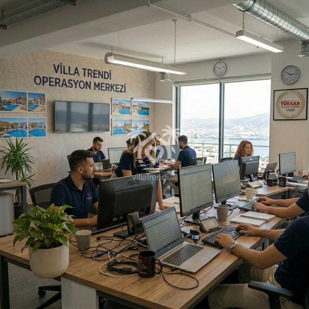 Villa Trendi operasyon merkezi ve saha ekibi; Fethiye ofisinde kiralık villa portföy yönetimi ve müşteri destek süreçlerini yürütürken.